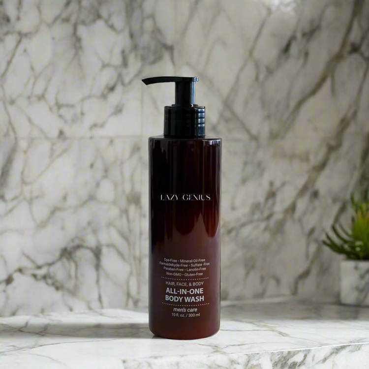 LAZY GENIUS all-in-one body wash in a sleek bottle, perfect for face, body, and skincare routines.